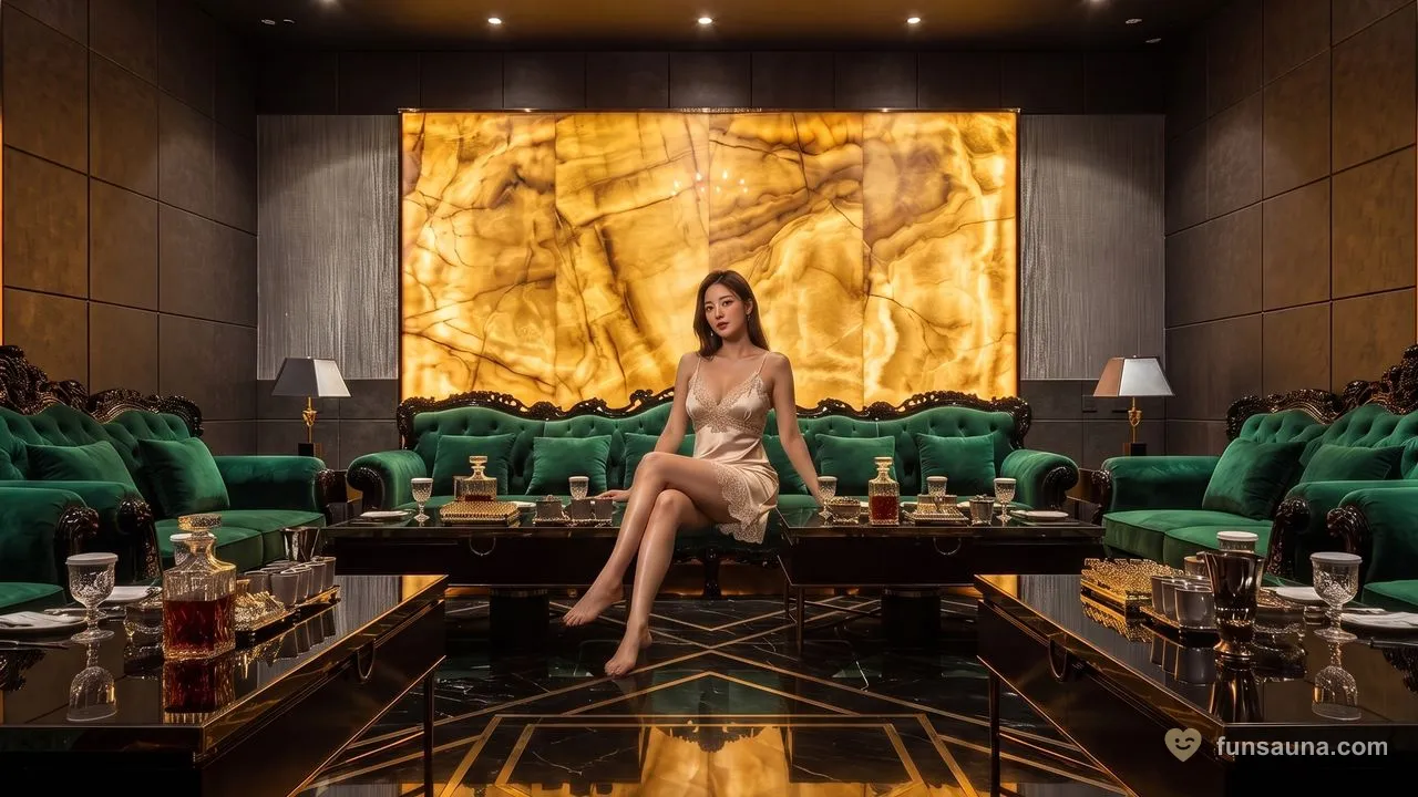 Macau sauna party room at Clube Rio, Hotel Rio Macau — green velvet sofas and crystal whisky decanters around a black-and-gold marble floor, a hostess seated in front of the backlit gold onyx wall