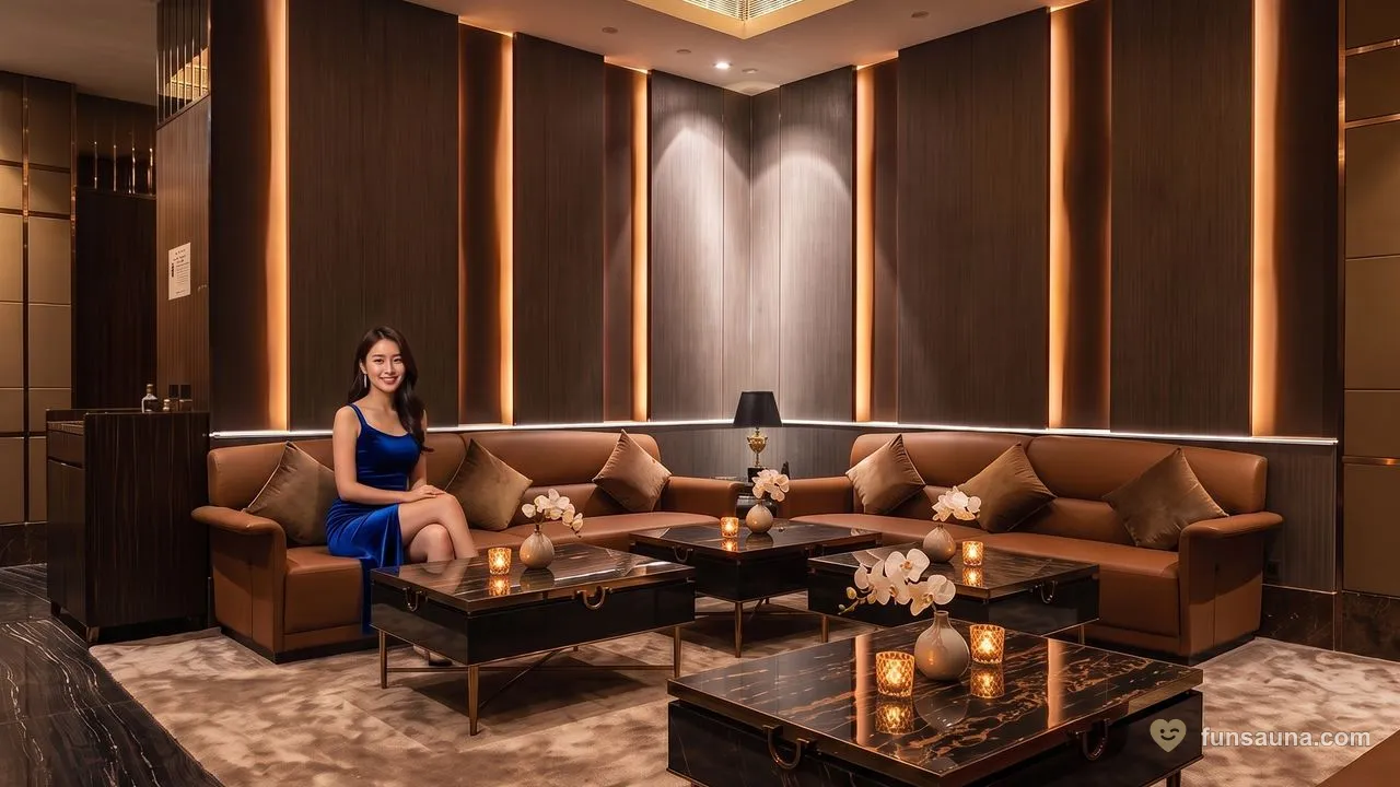 Macau sauna main lounge at Clube Rio, Macau peninsula — a companion seated on the tan leather sofas of the warm-lit lounge, candles and orchids on black marble tables