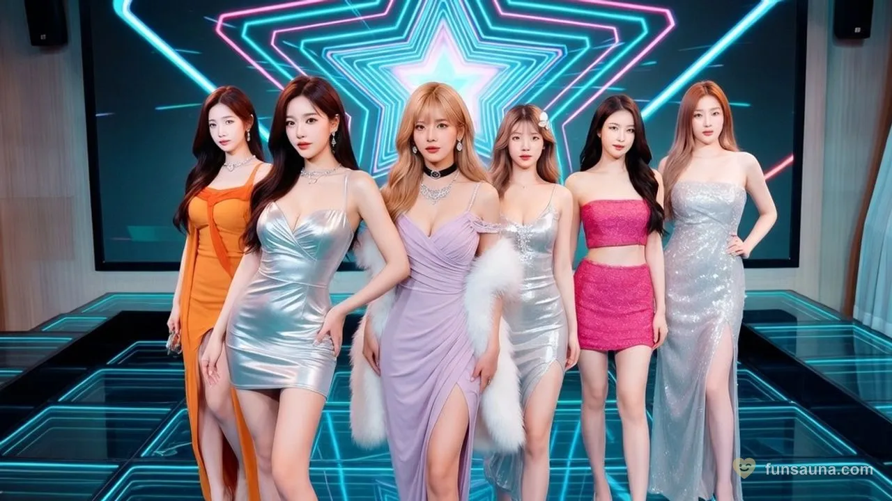 Macau sauna fashion-show stage at Number Nine Spa: six women in evening dresses standing on a glowing blue grid floor in front of a large neon star screen