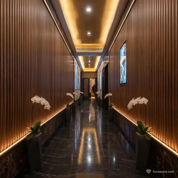 Gold-lit corridor leading to private KTV rooms at Clube Rio, Macau