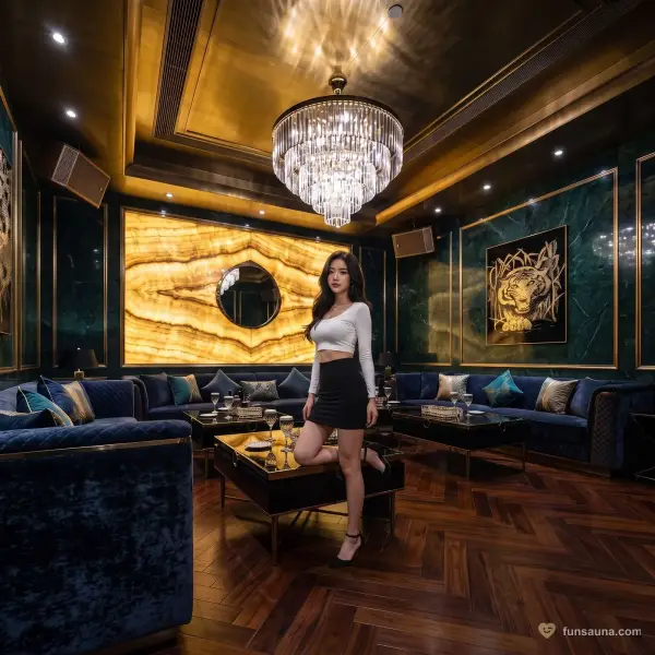 Hostess in a navy-sofa KTV room with tiger art at Clube Rio, Macau