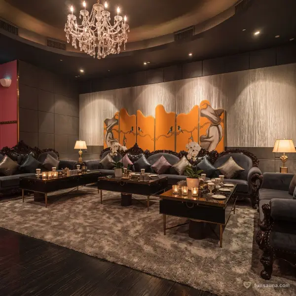 Backlit gold onyx wall and green velvet sofas in a Clube Rio party room, Macau
