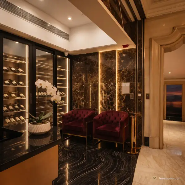 Reception wine wall with velvet chairs at Clube Rio, Macau
