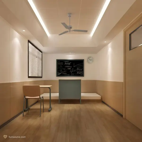 Classroom-themed scenario room at East Castle Spa, Macau — desks and chalkboard set dressing