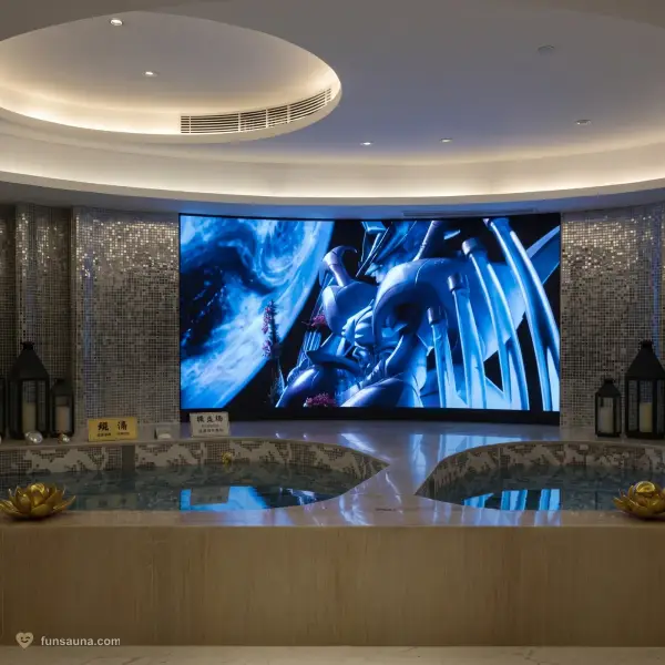 LED-lit stage and bath pool area inside East Castle Spa, Macau peninsula