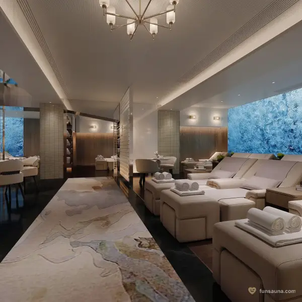 Chandelier recliner lounge at Empire Sauna, Macau