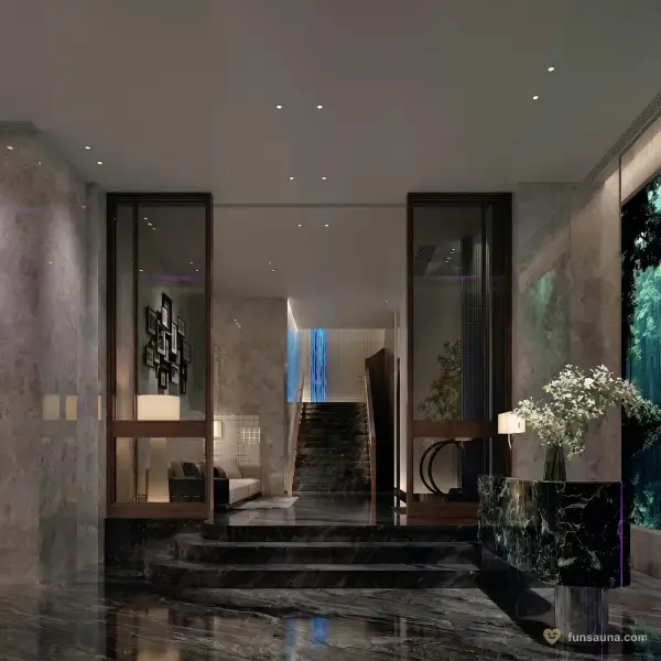 Marble entry staircase at Empire Sauna Macau — grand arrival sequence