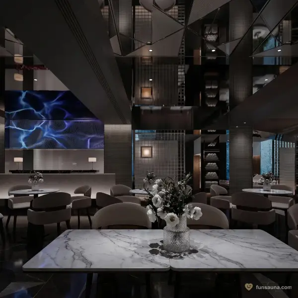 Purple led dining hall at Empire Sauna, Macau