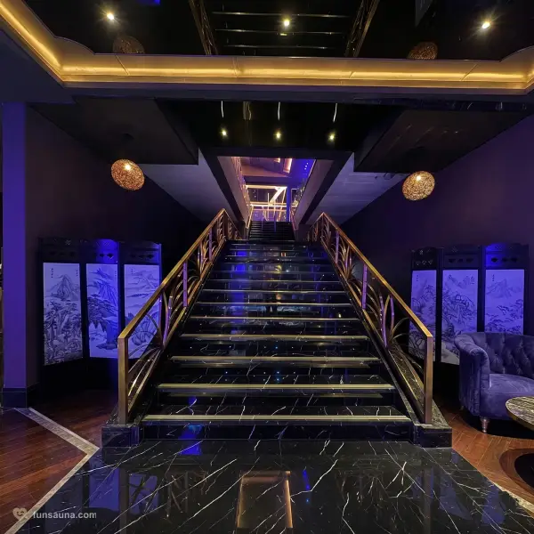 Purple grand staircase inside Familia Nobre sauna, Macau