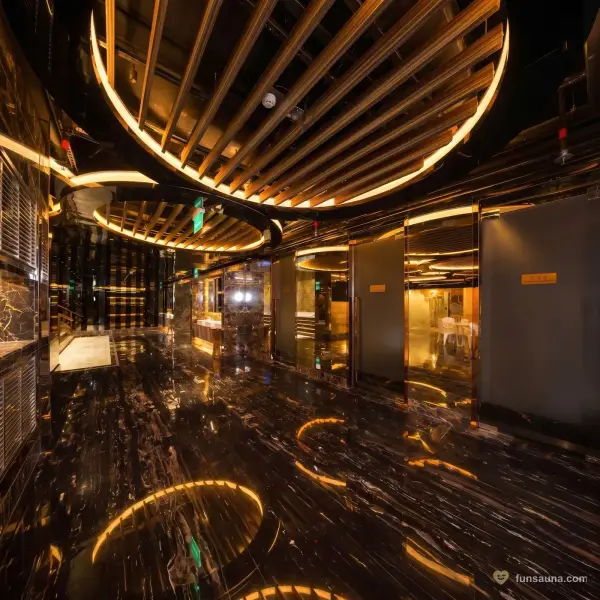 Curved wood-panelled corridor inside Majesty Spa, Macau