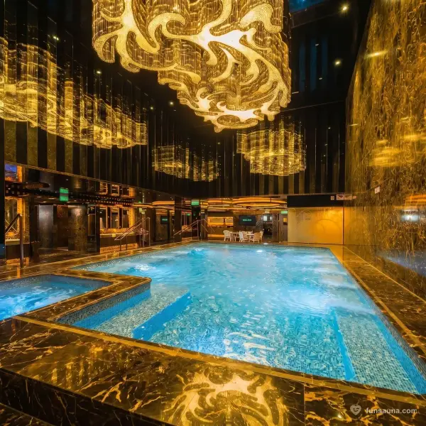 Gold chandelier above the bath pool at Majesty Spa, Macau peninsula