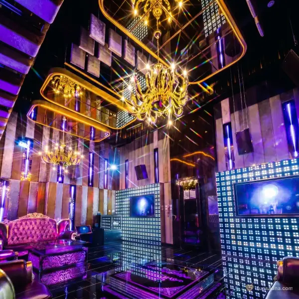 KTV party room at Majesty Spa, Macau — neon lighting and private karaoke booth