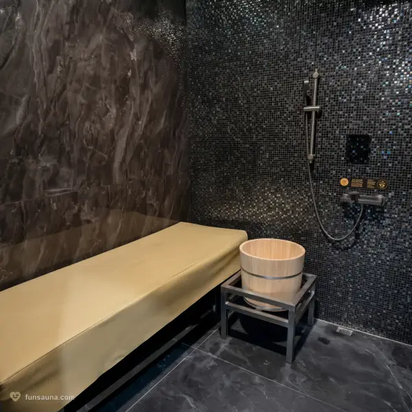 Dark steam shower room at Manhao Spa, Macau