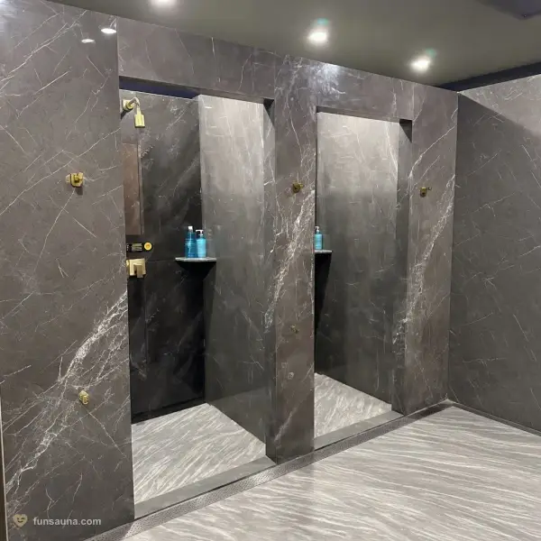 Marble shower stalls at Manhao Spa, Macau