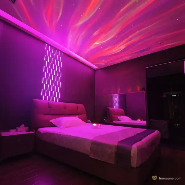 Purple light bedroom at Number Nine Spa, Macau