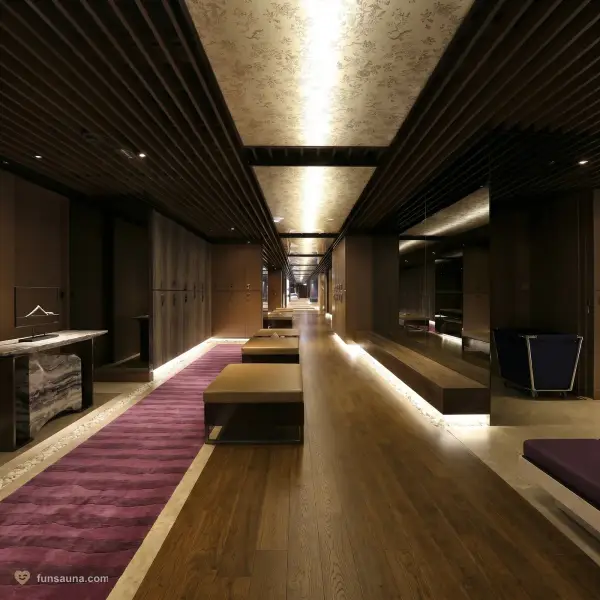 Wood-panel locker corridor inside Number One Sauna, Macau
