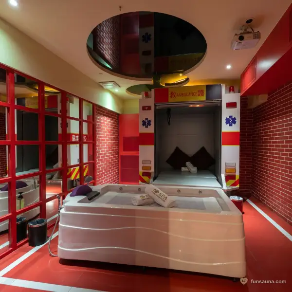 Ambulance-themed room at The Excellent Sauna in Macau
