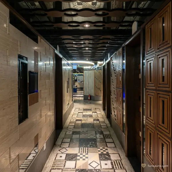 Patterned tile hallway inside The Excellent Sauna, Macau