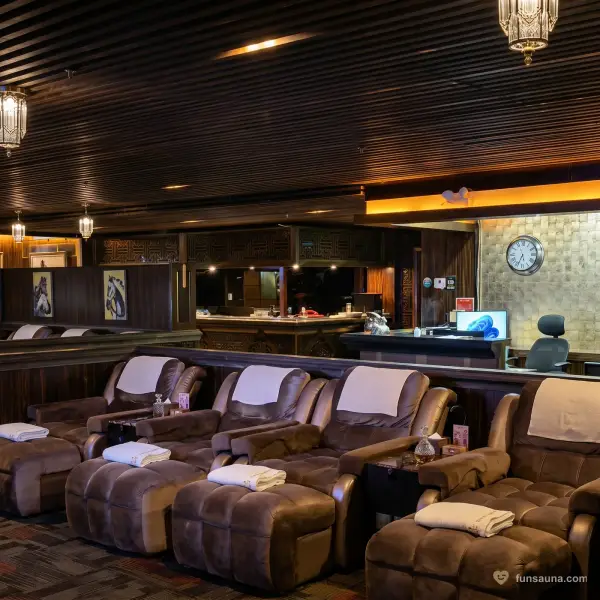 Recliner reception lounge at The Excellent Sauna, Macau