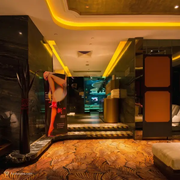 Black marble corridor at Victoria Sauna, Macau