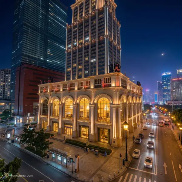 Victoria Sauna hotel exterior at night, Macau Peninsula