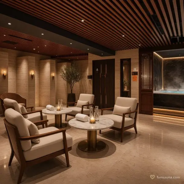 Dining lounge armchairs beside the pool hall at Yu Sauna, Macau