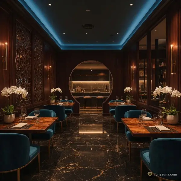 Dining lounge with a moon gate and teal chairs at Yu Sauna, Macau