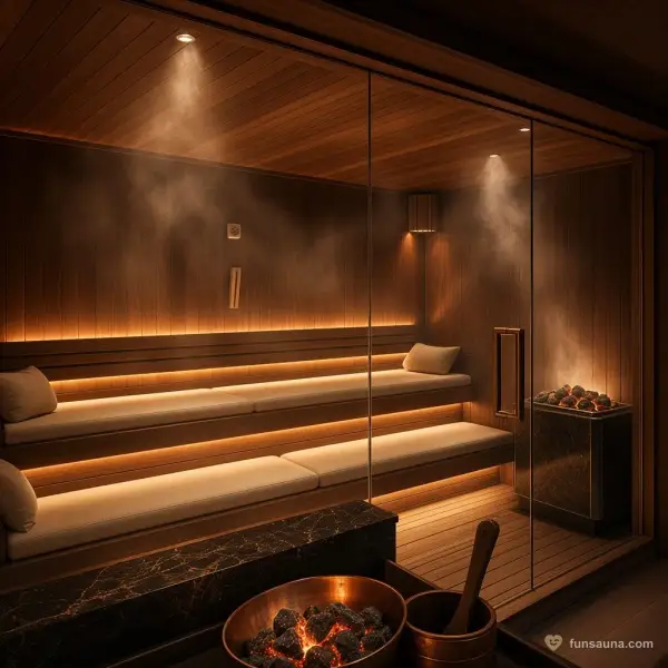Dry sauna behind a glass wall with a stone stove at Yu Sauna, Macau
