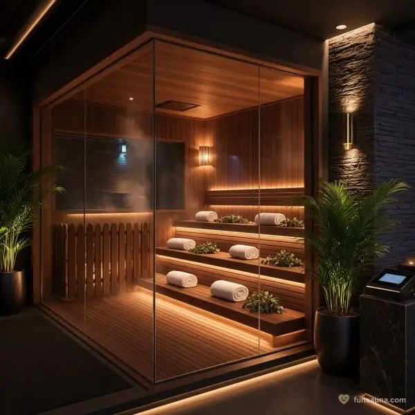 Glass steam room with wooden benches at Yu Sauna, Macau