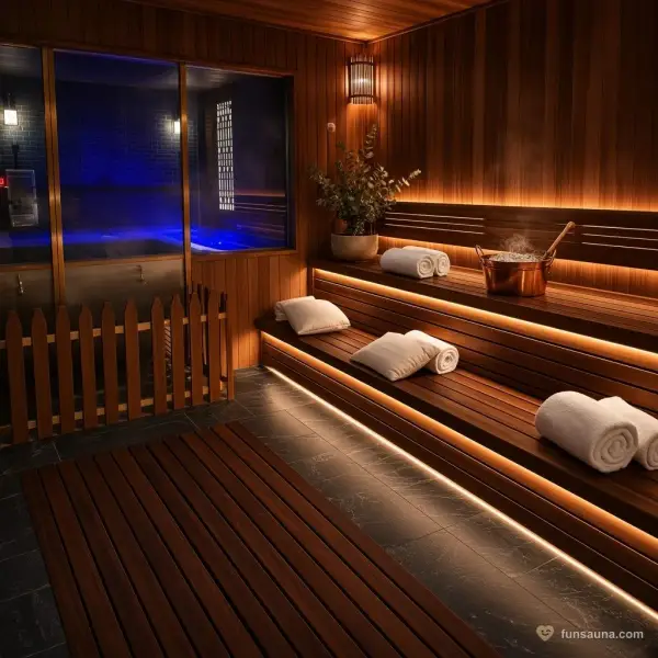 Hinoki dry sauna with tiered benches and rolled towels at Yu Sauna, Macau