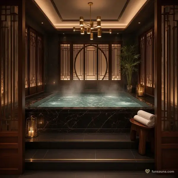 Hot-pool hall with a moon gate and brass chandelier at Yu Sauna, New Orient Landmark Hotel, Macau
