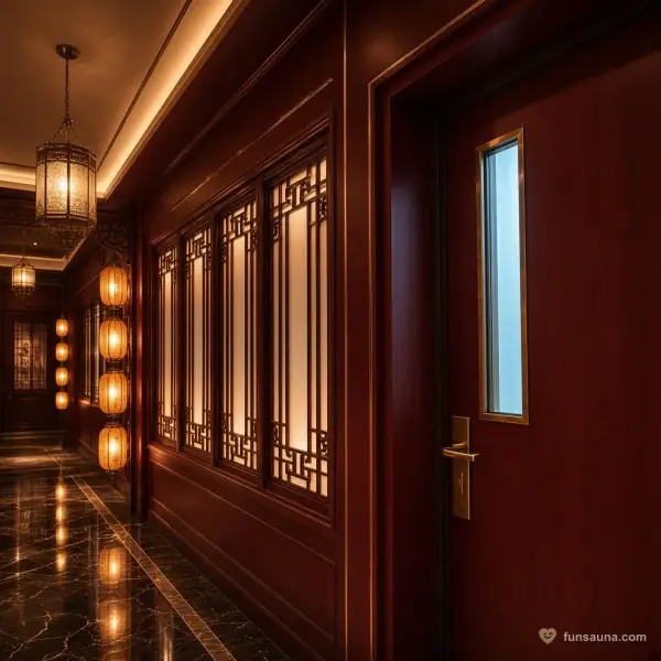 Lattice-and-lantern corridor leading to the massage rooms at Yu Sauna, Macau