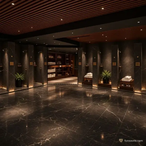 Black marble locker room at Yu Sauna, Macau