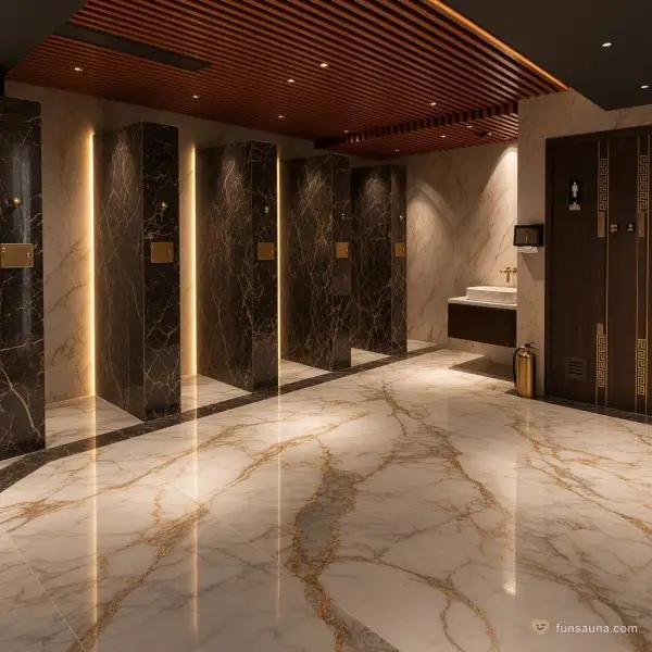Marble shower area at Yu Sauna, New Orient Landmark Hotel, Macau