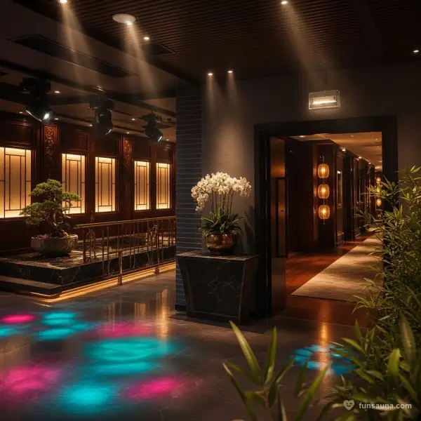 Neon-lit corridor with orchids at Yu Sauna, Macau