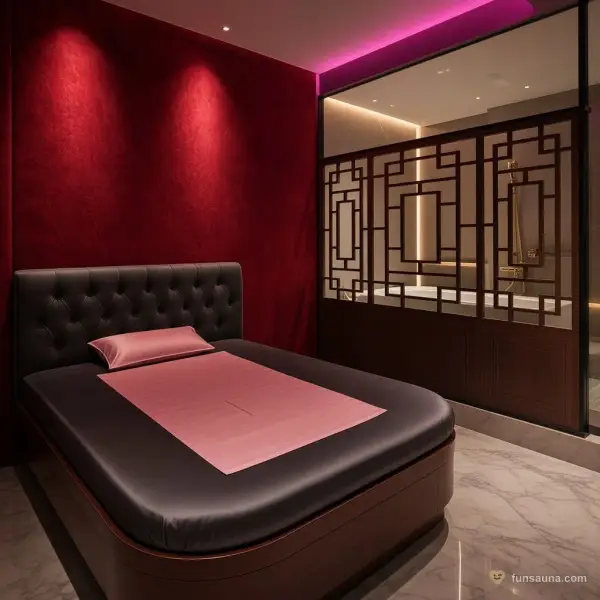 Private massage room with a red velvet wall and lattice screen at Yu Sauna, Macau