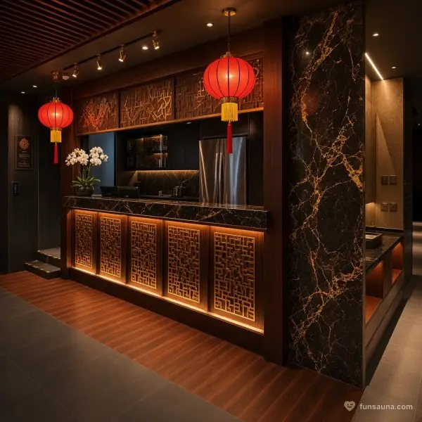 Reception bar with red lanterns and lattice panels at Yu Sauna, Macau